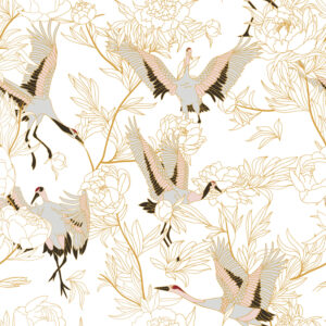 Cranes and peony white Bloemen en planten Behang