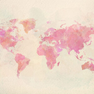World map watercolor pink Werelds Behang