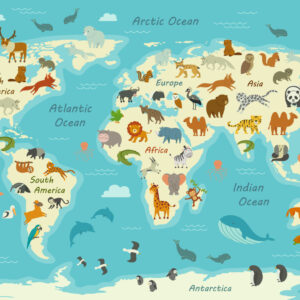 World map with animals Dieren Behang