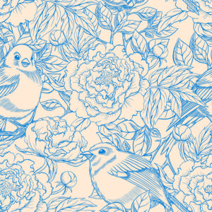 Blue and beige birds Bloemen en planten Behang