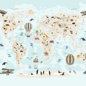 Children’s world map blue Werelds Behang