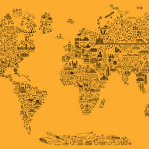 World map with animals yellow Werelds Behang