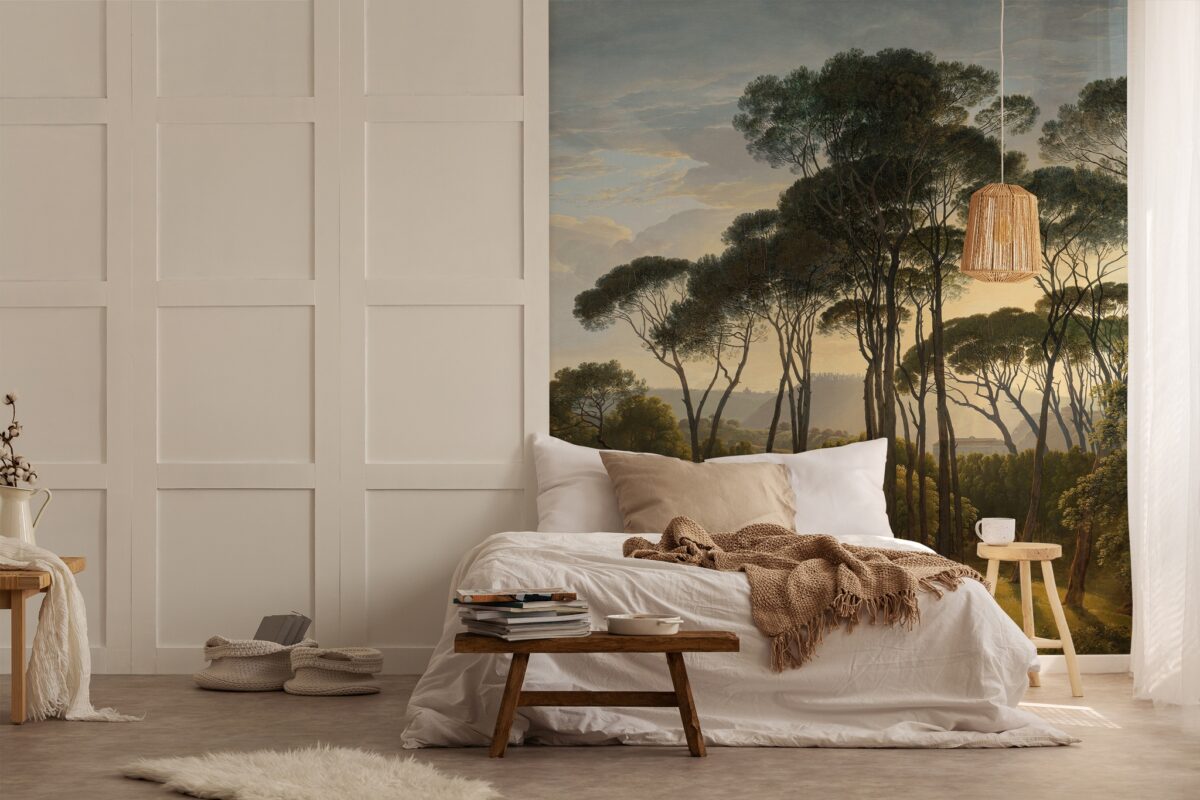 Slaapkamer met behang van een schilderij